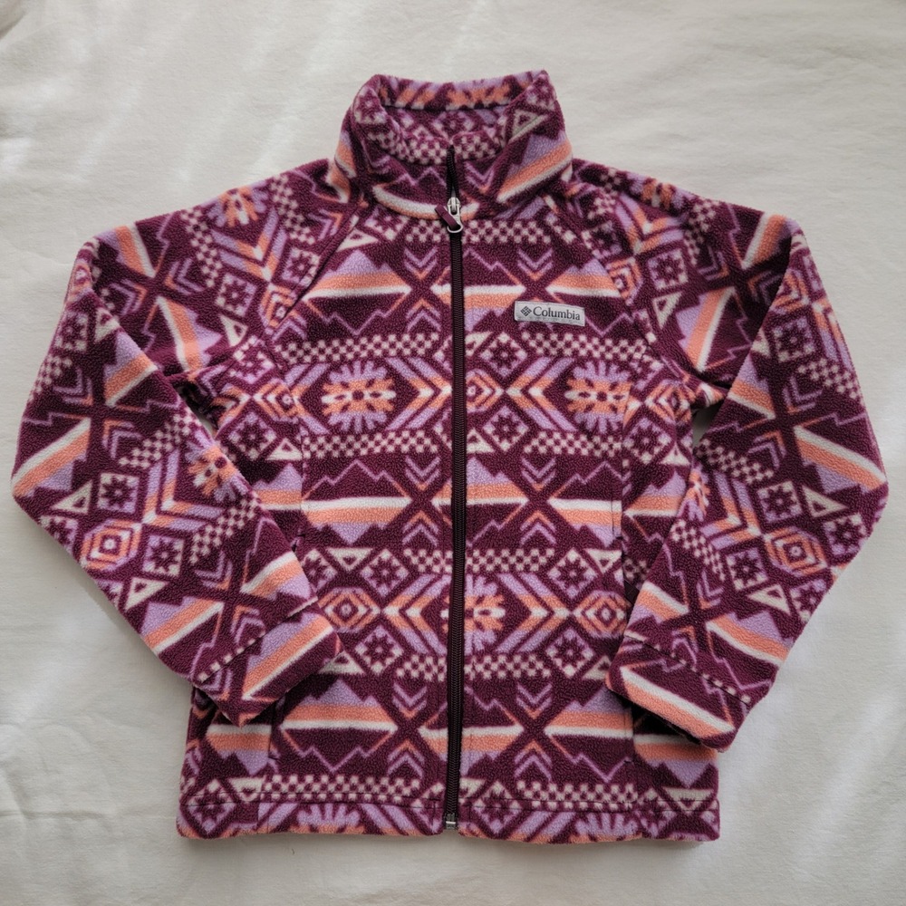 Columbia Kids Full Zip Fleece Jacket Purple Orange Aztec Print Size Small 7/8